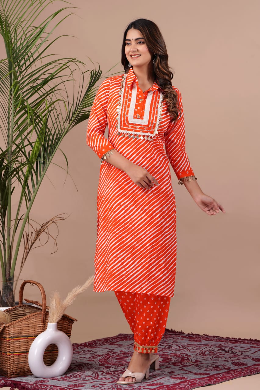 Orange Cotton Floral Printed Kurta with Pants – Janasya.com